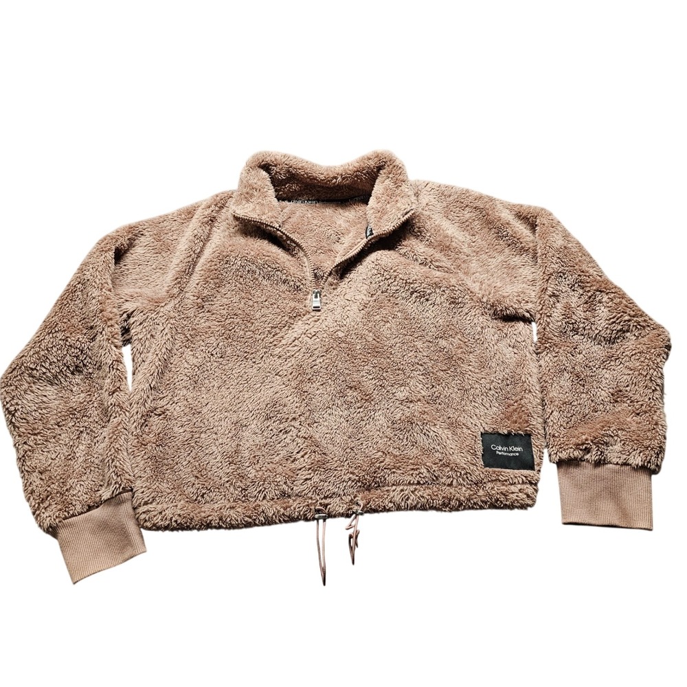 Calvin Klein Performance Fleece Pullover Womens Tan Brown Quarter Zip Cropped